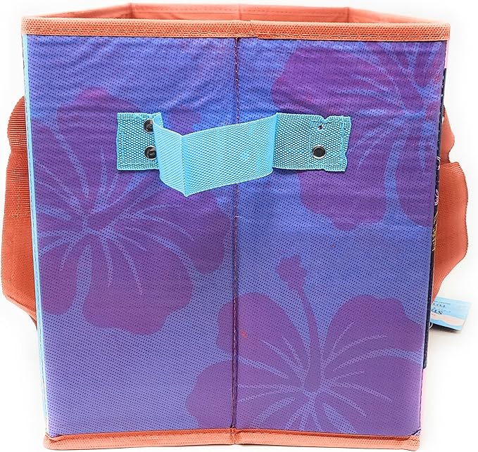 Storage bin with purple floral pattern and orange trim on a white background