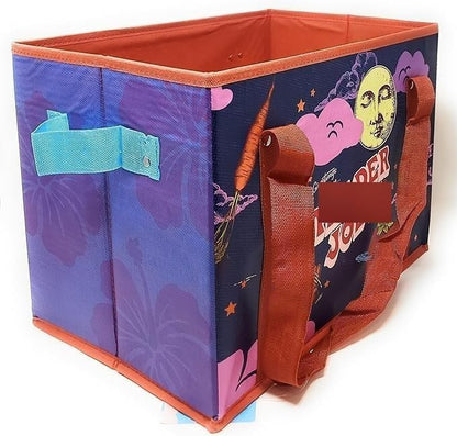 Collapsible storage bin with colorful design on a white background