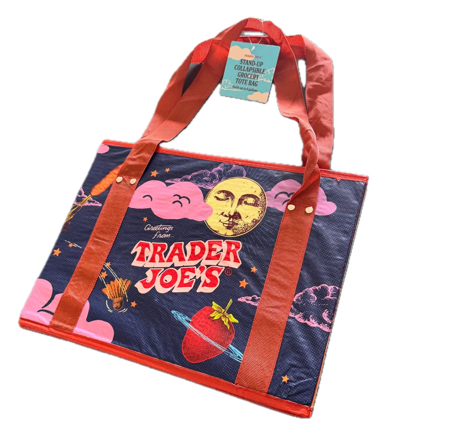 Tote bag with 'Trader Joe's' branding on a white background