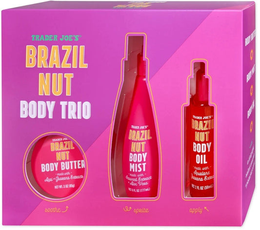 Trader Joe's Brazil Nut Body Trio packaging with three bottles on a pink background
