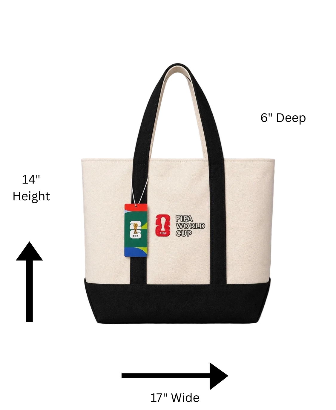 Tote bag with dimensions labeled on a white background