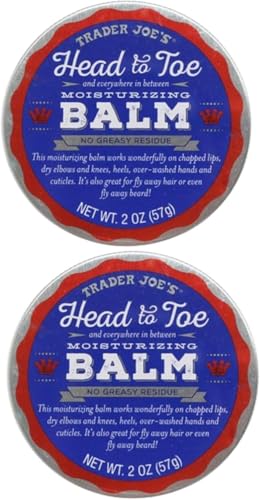 Two round metal tins of Trader Joe's Head to Toe Moisturizing Balm, stacked vertically on a white background. The tins feature a blue and red label with white text.