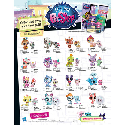 Collection of Littlest Pet Shop toys with a checklist on a white background
