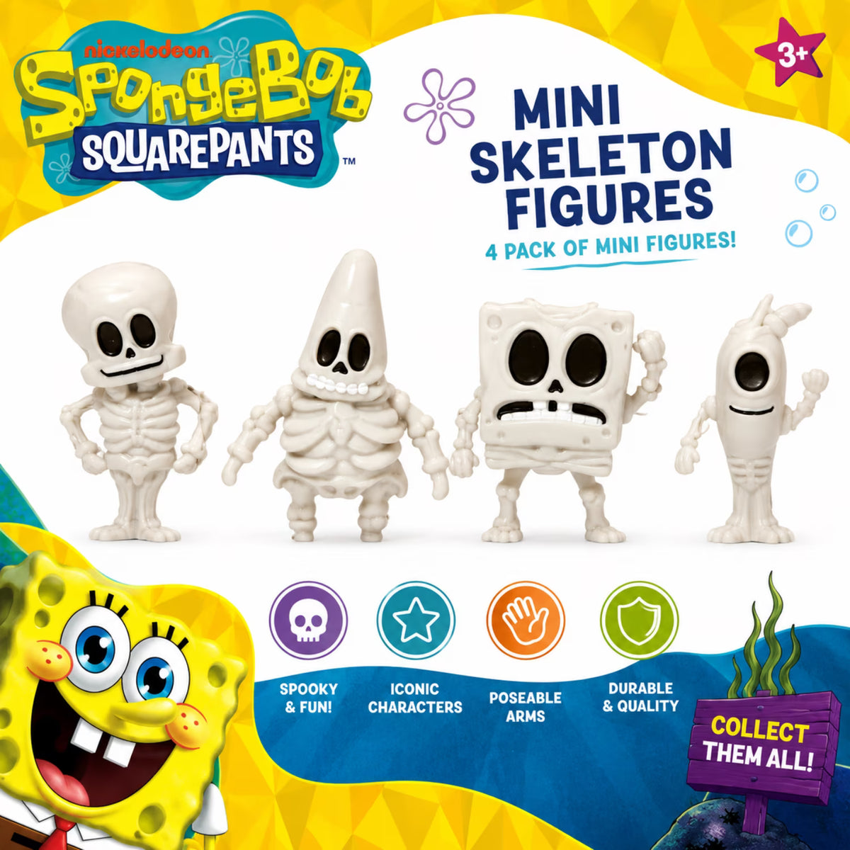 SpongeBob SquarePants mini skeleton figures 4-pack on a colorful product card. The set includes four white plastic skeleton mini-figures inspired by SpongeBob, Patrick, Gary, and Bob, displayed on a white background with brand graphics, character art, and feature icons.