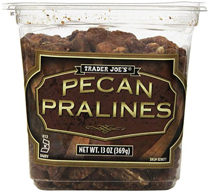 Container of Trader Joe's Pecan Pralines on a white background