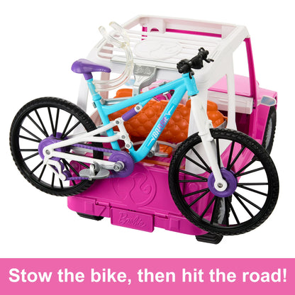Barbie bike and car set with a pink car and blue bike on a white background