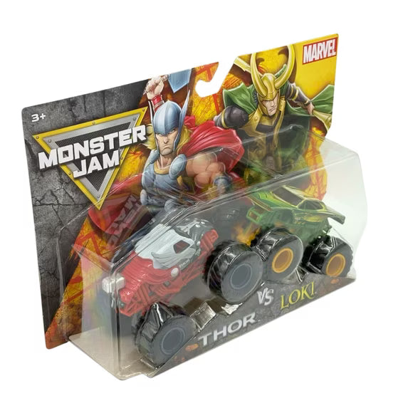 Marvel Monster Jam Thor vs Loki toy set in its original blister packaging, featuring a red and silver Thor vehicle and a green Loki vehicle.