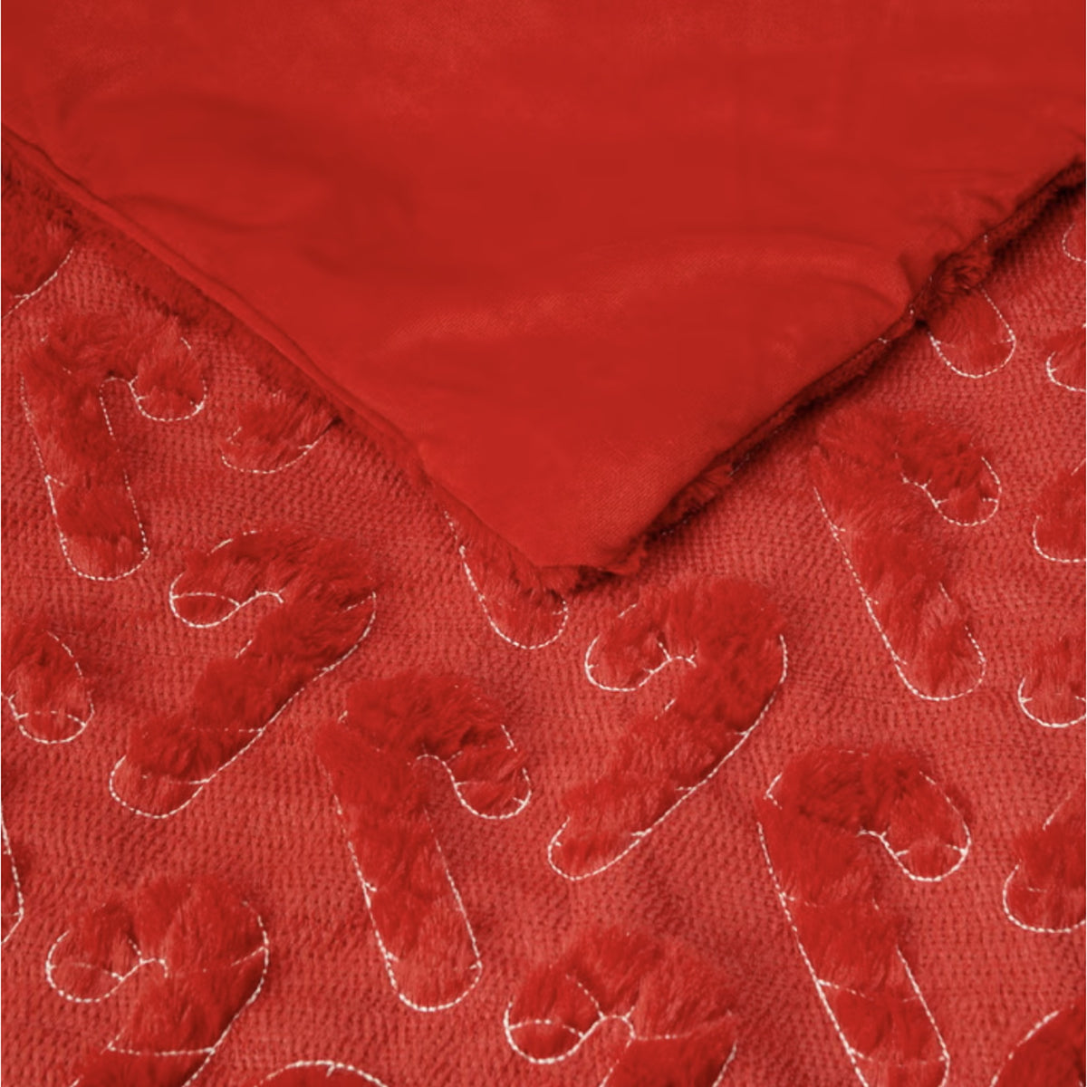Holiday embroidered faux fur throw, Candy Cane style, close-up of embroidery and mink reverse