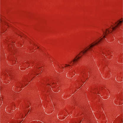 Holiday embroidered faux fur throw, Candy Cane style, close-up of embroidery and mink reverse