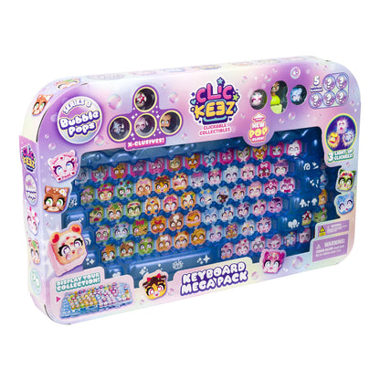 A boxed toy product called 'Alic Keiz Keyboard Megapack' with a large clear window showing a blue keyboard covered in colorful cartoon character stickers. The packaging is pastel pink, purple, and blue with character graphics and text including 'Keyboard MegaPack' and '8-Slutivens!'.
