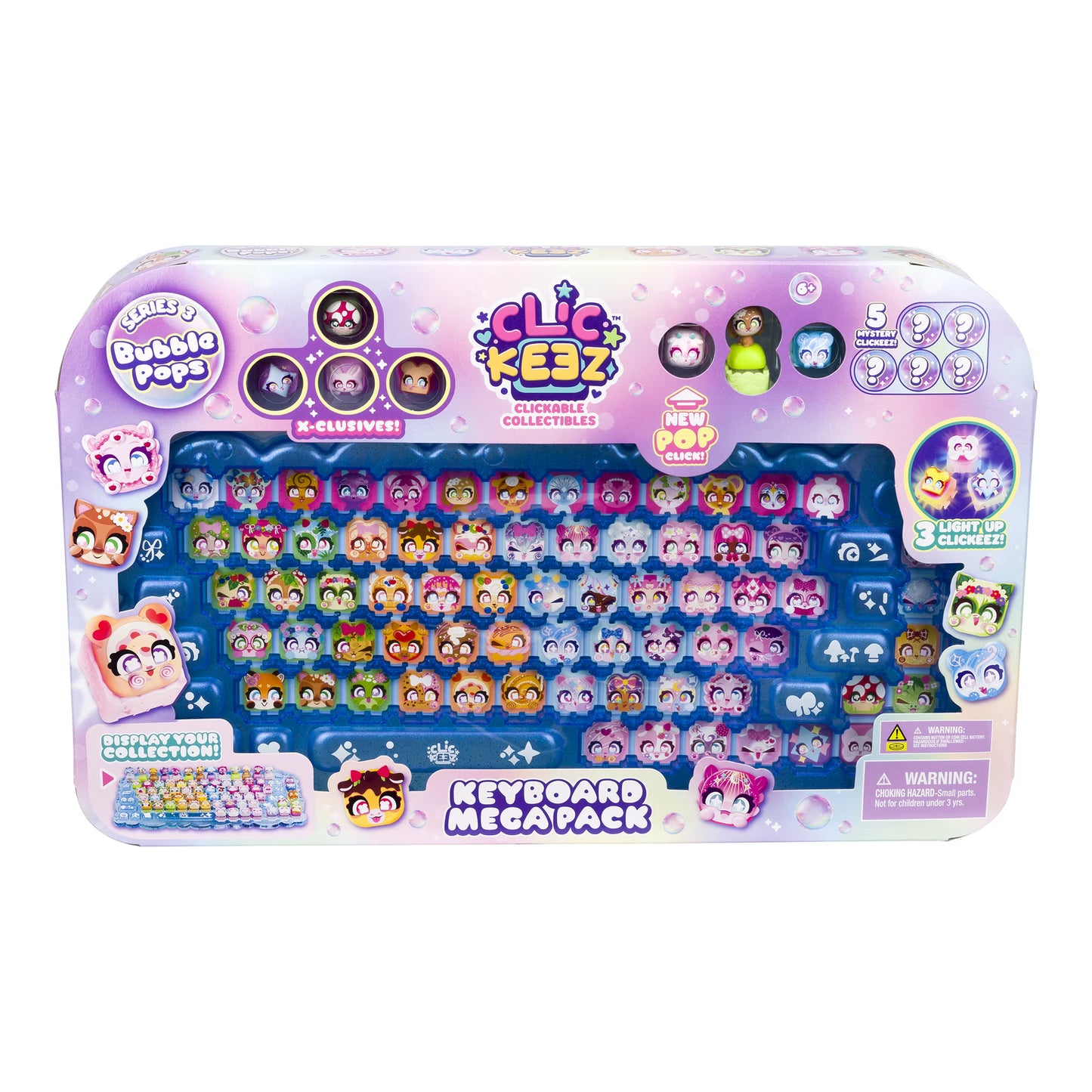 Elie Kizzy Bubble Pops Keyboard Mega Pack toy set in a pink and purple blister pack, featuring a blue keyboard with rows of colorful collectible bubble characters.