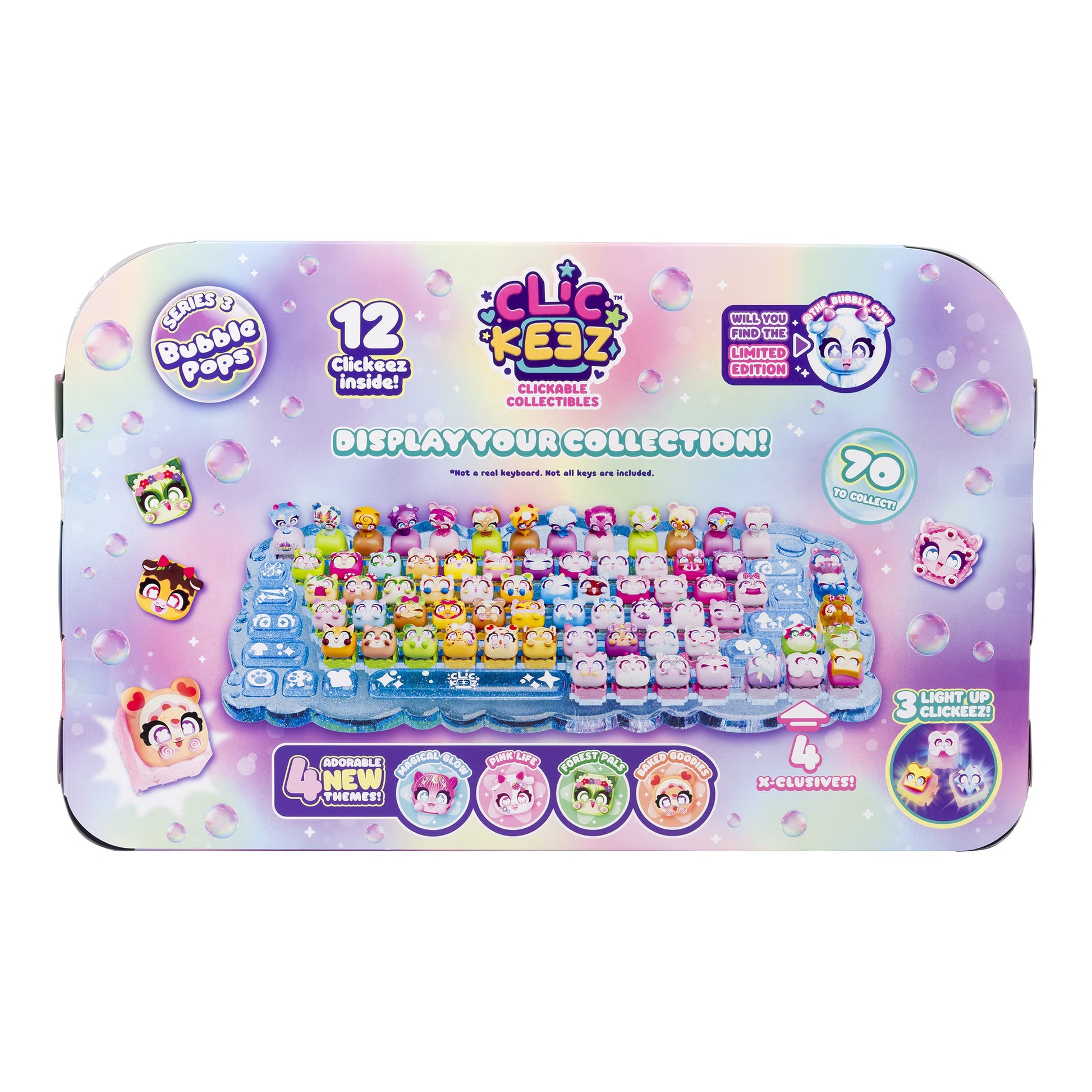 Clue Kizz Bubble Pups toy set in a rectangular plastic case, featuring a colorful grid of small collectible bubble characters and promotional text on a pastel gradient background.