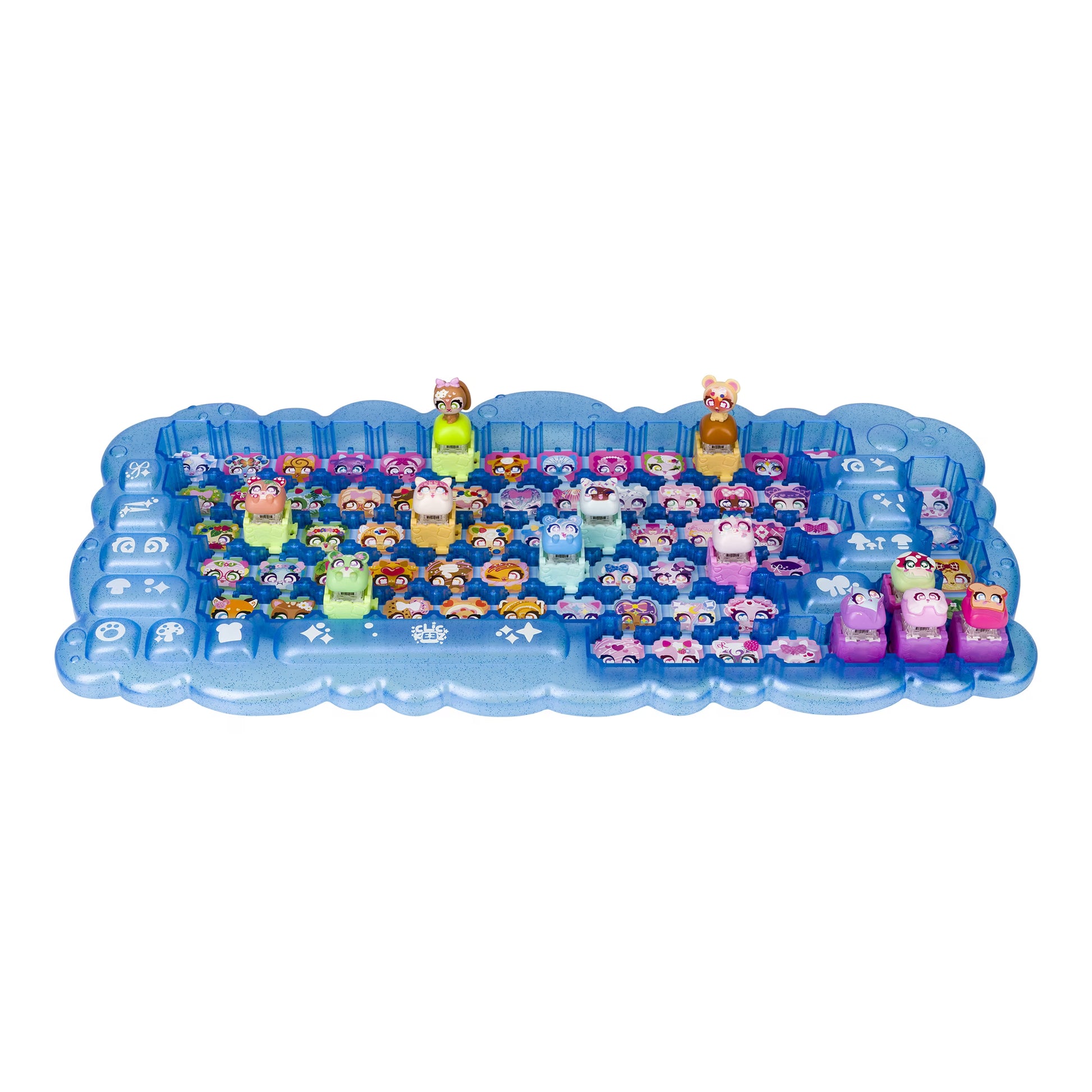 A blue plastic toy tray filled with small colorful animal figures, photographed on a plain white background.