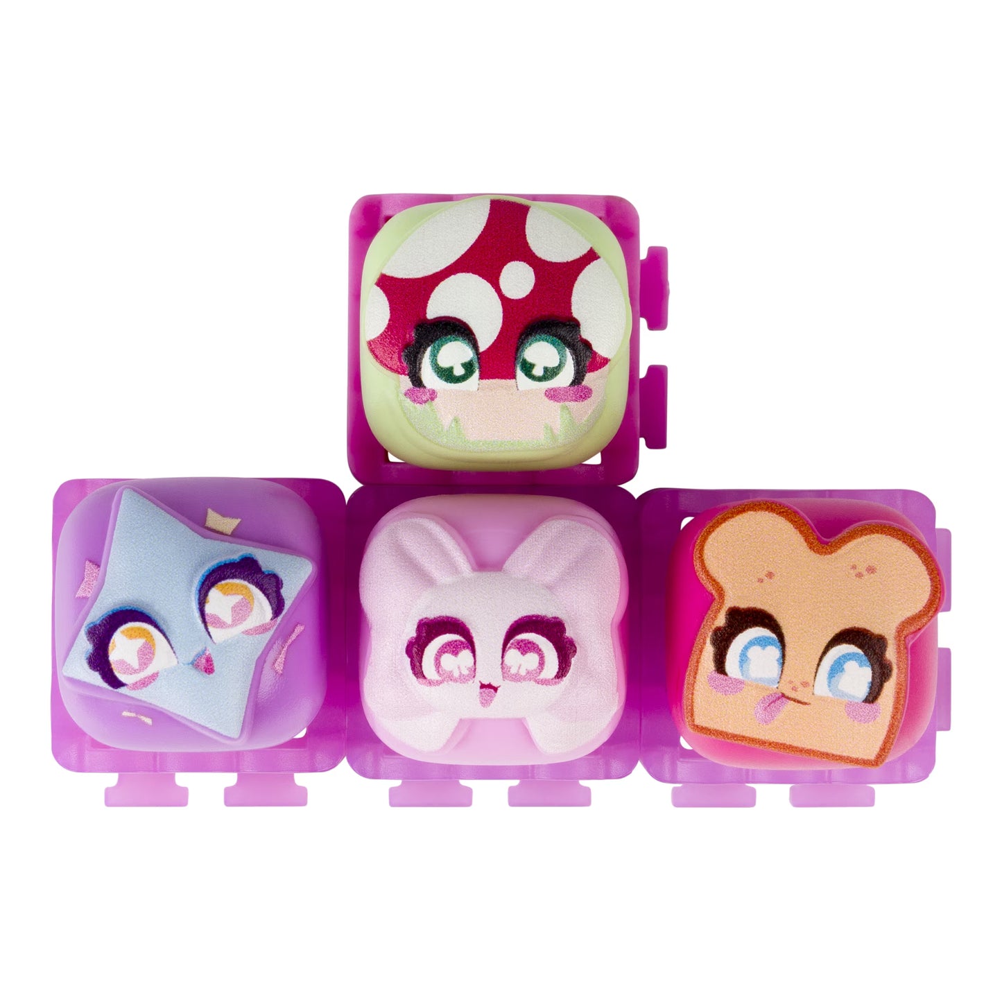 Four cute, cartoon-style squishy foam accessories arranged in a pyramid on a solid white background. The set includes a mushroom cap, a bunny face, a slice of toast, and a blue star, all in matching translucent pink plastic cases.