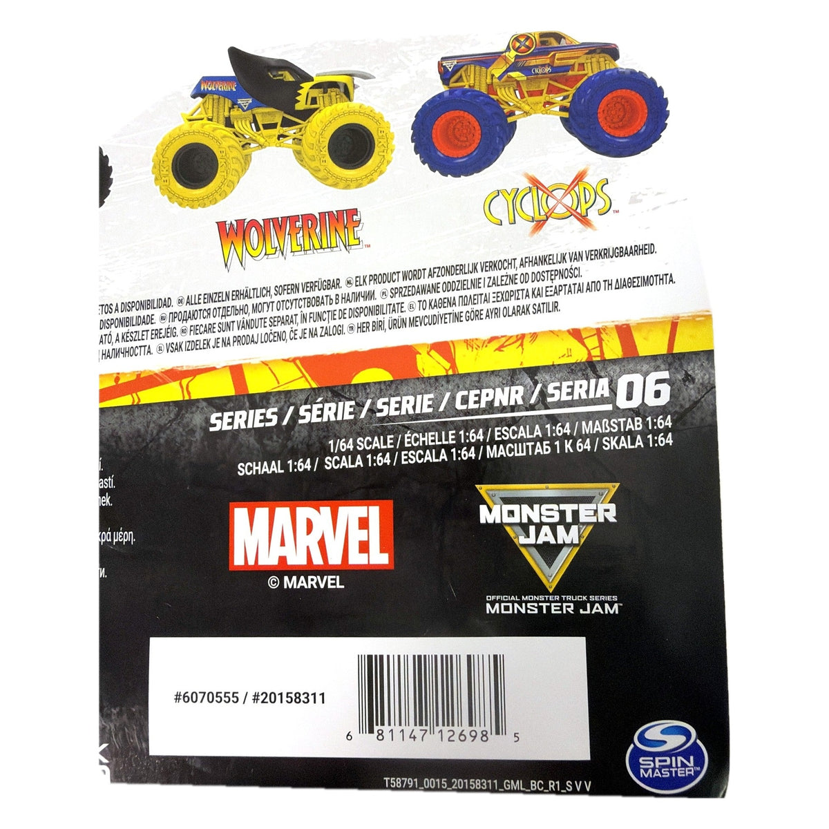 Monster Jam Marvel 1:64 Wolverine vs Cyclops 2-pack barcode