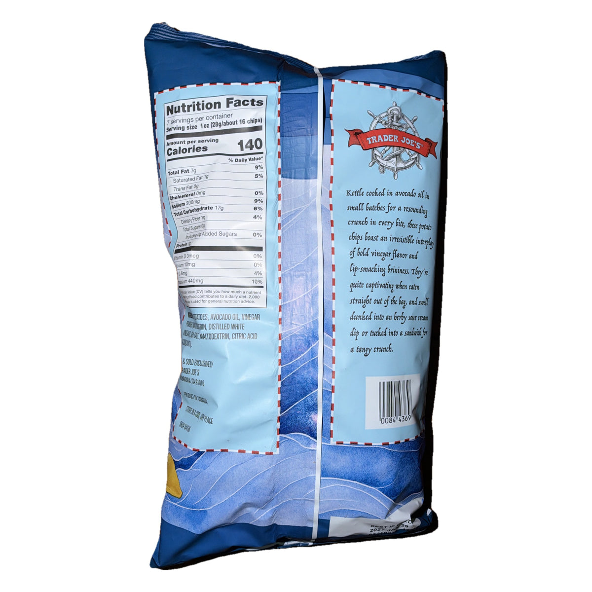 Trader Joe's Sea Salt & Vinegar Potato Chips bag, back with nutrition facts