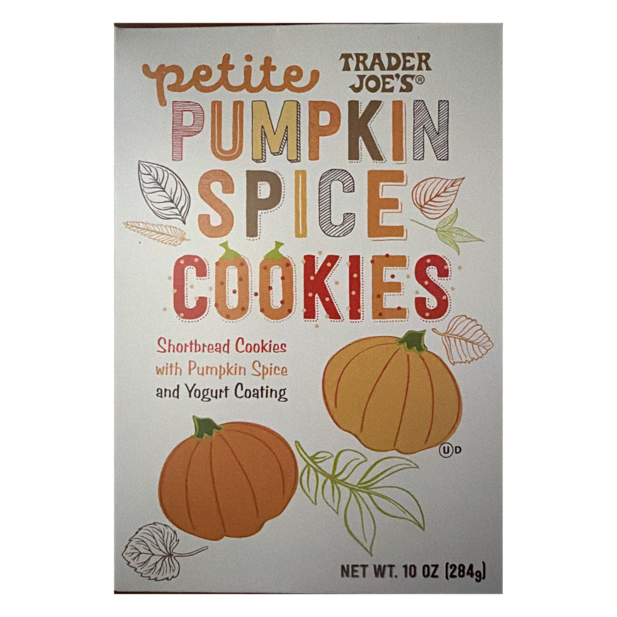 Trader Joe's Petite Pumpkin Spice Cookies box, front with pumpkin art