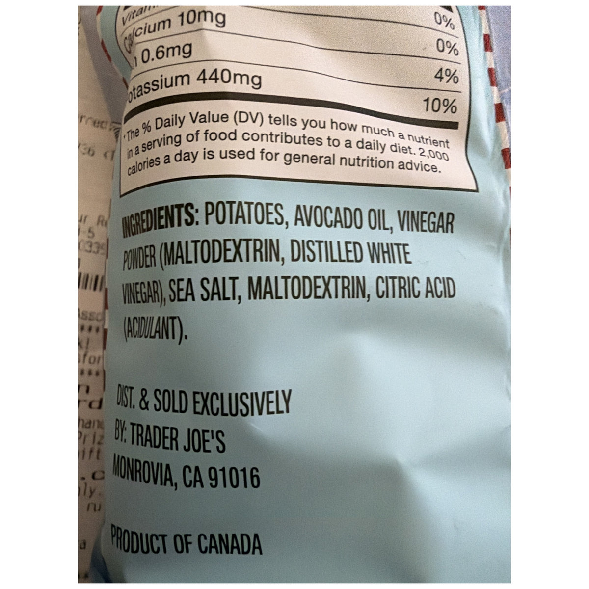 Trader Joe's Sea Salt & Vinegar Potato Chips ingredients panel