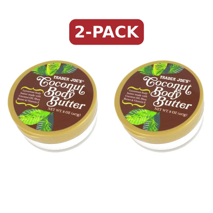 Trader Joe’s Coconut Body Butter two-pack, showing two 8 oz white jars with gold lids beneath a red 2-PACK banner.