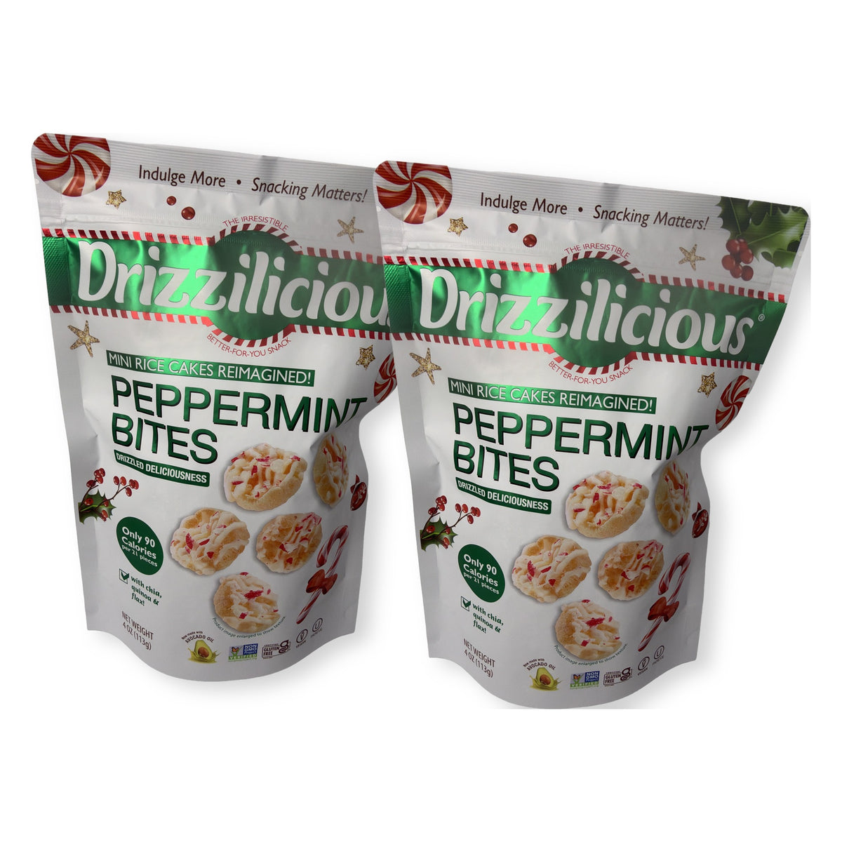 Drizzilicious Peppermint Bites mini rice cakes 2 pack, two 4 oz holiday bags