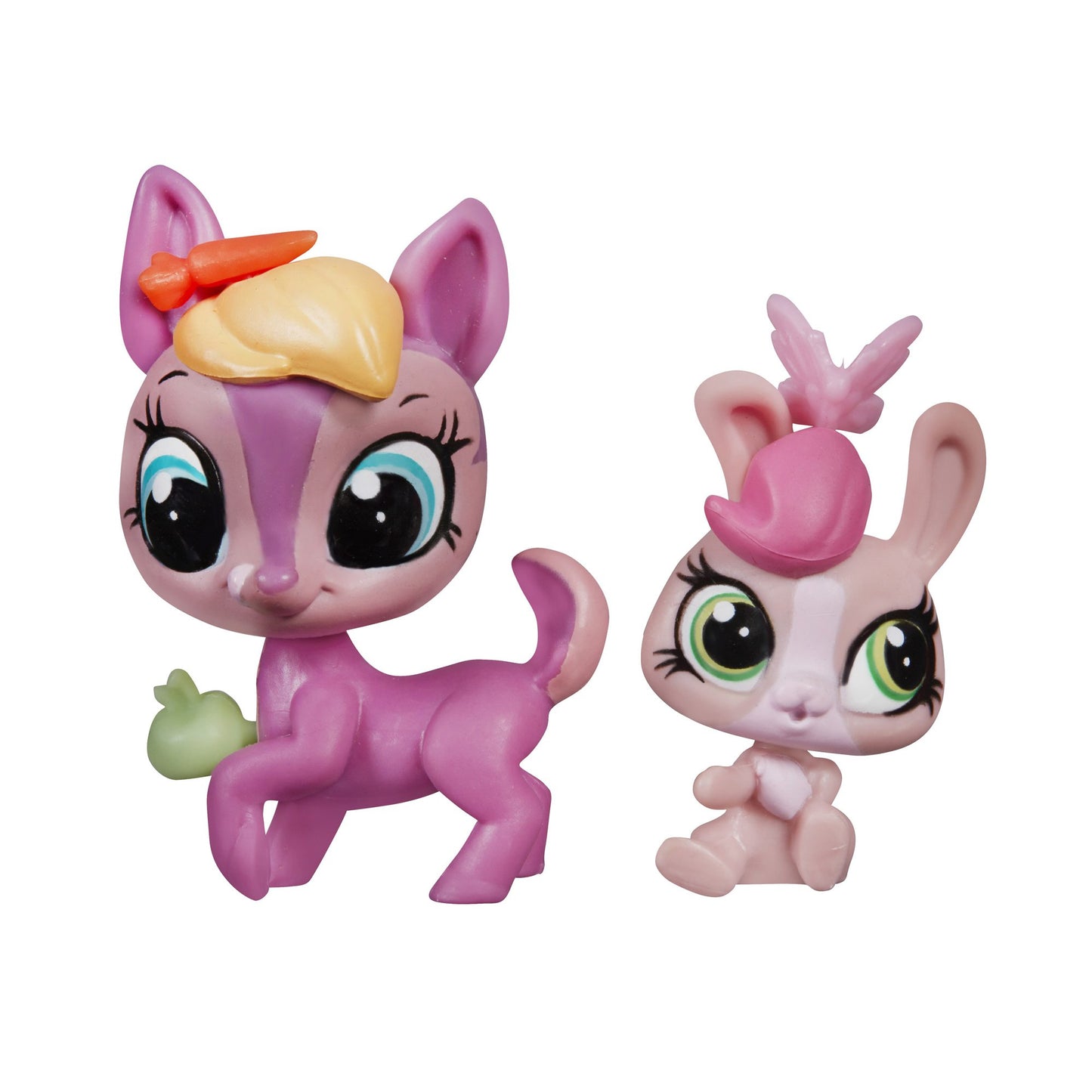 Two small toy figures of a pink deer and a pink rabbit with decorative accessories on a white background.