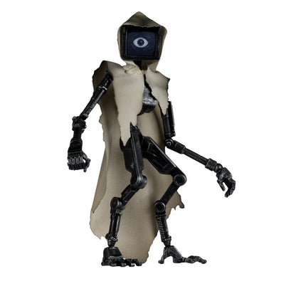 Robot figure with a hood and beige cape on a white background