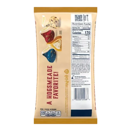 Snack package with colorful treats and text on a beige background