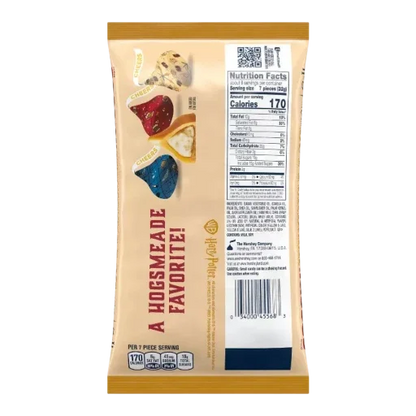 Snack package with colorful treats and text on a beige background