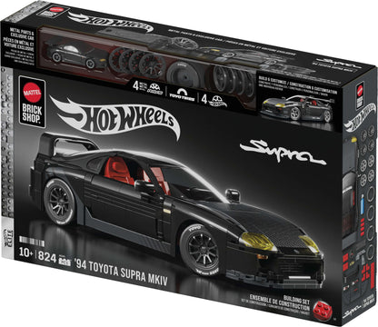 Hot Wheels Brick Shop '94 Toyota Supra MkIV building set box, showing a black model car with red interior and yellow headlights on a dark retail package.