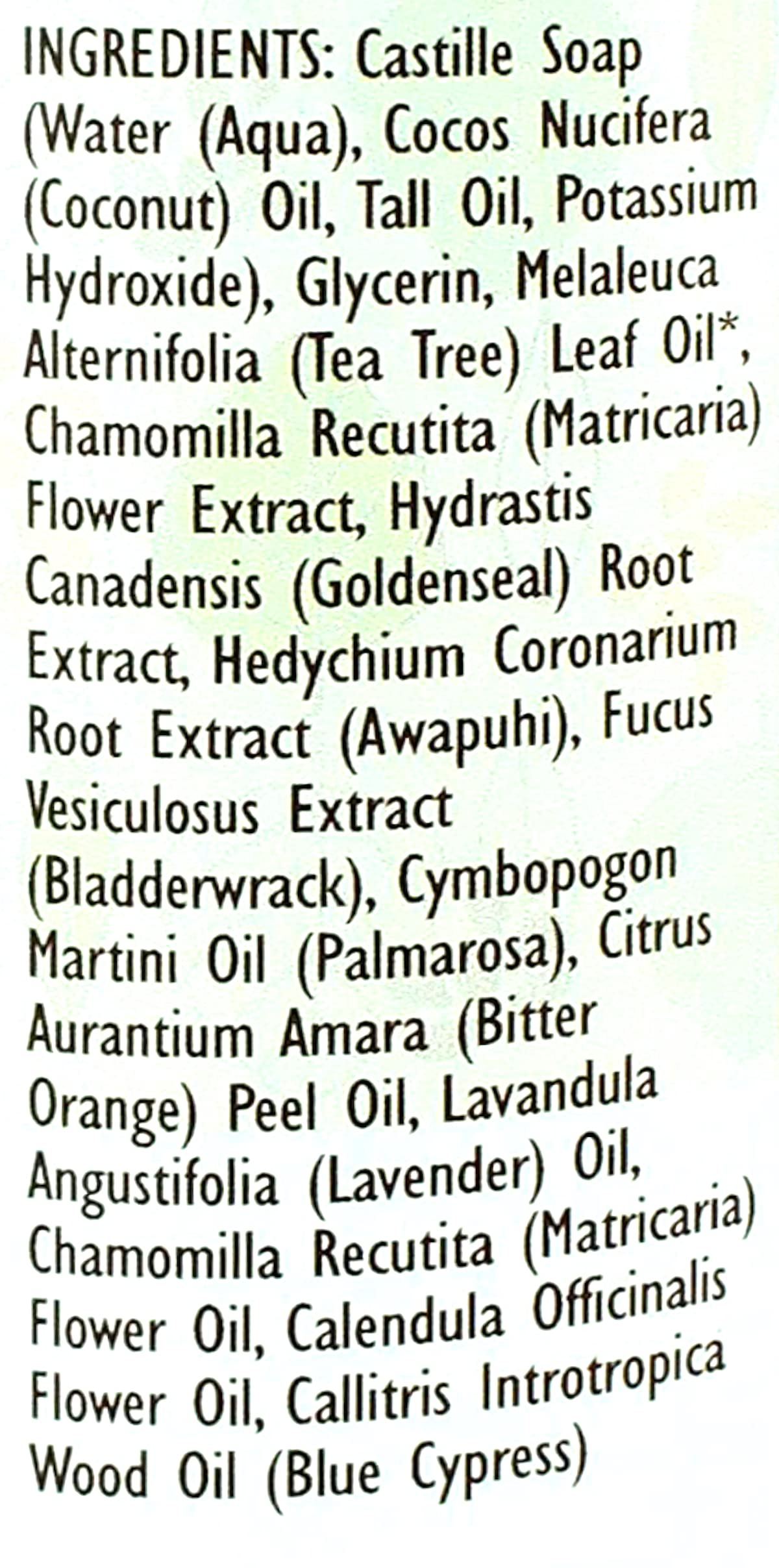 List of ingredients for a soap product on a white background