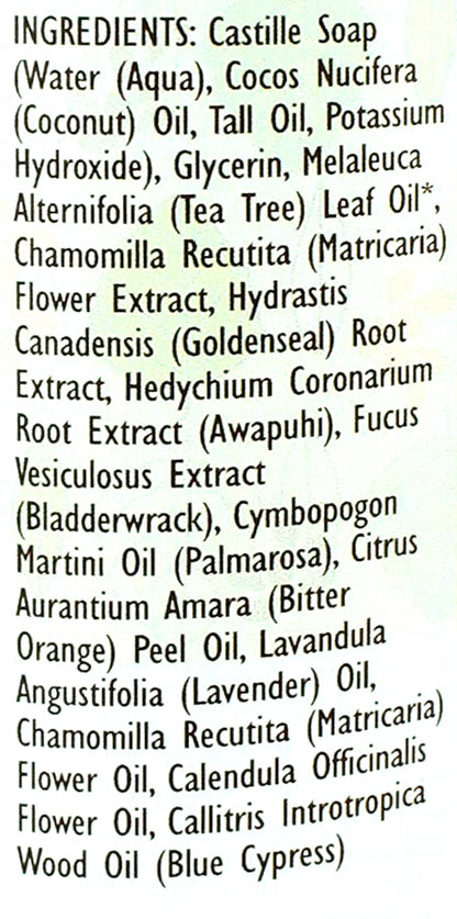 List of ingredients for a soap product on a white background
