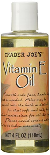 Bottle of Trader Joe's Vitamin E Oil with label and cap visible