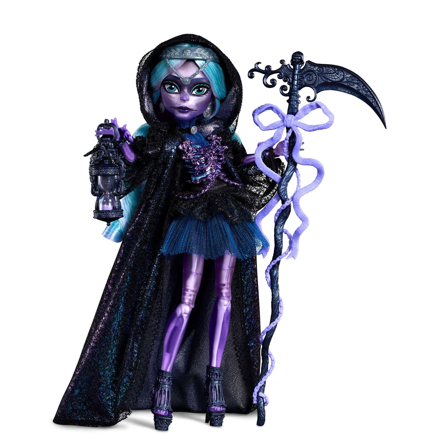 Fantasy doll with dark cloak, lantern, and scythe on a white background