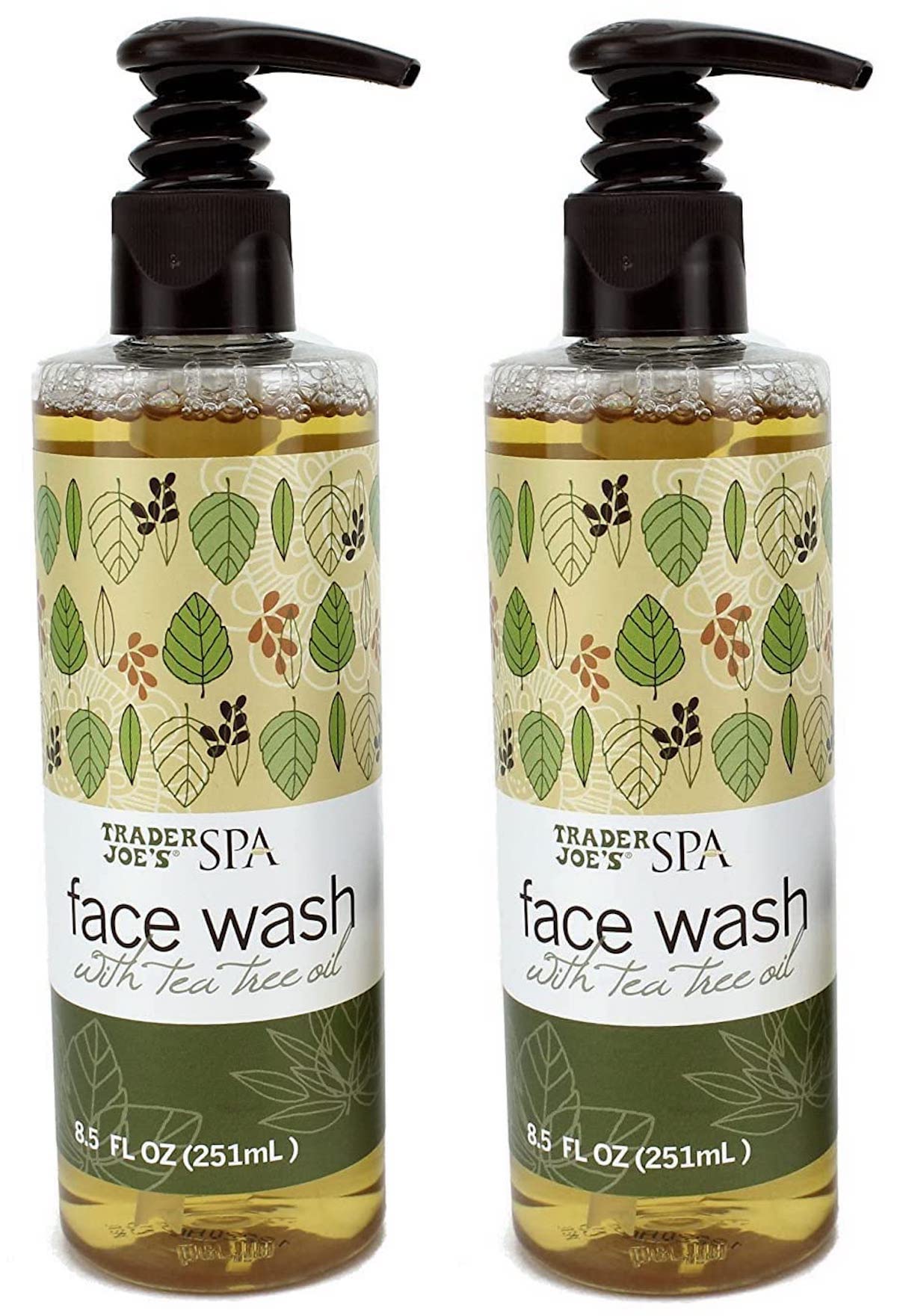 Two bottles of Trader Joe's Spa face wash with tea tree oil on a white background