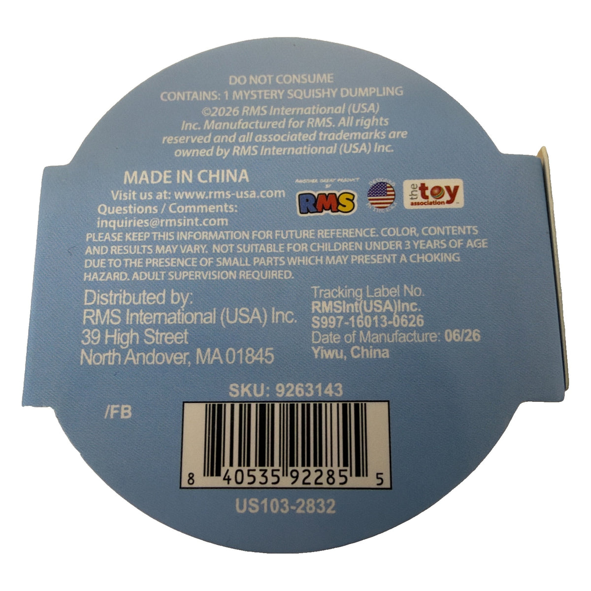 Bottom label of Crazy Fun Gold Rush mini mystery dumpling with UPC and warnings