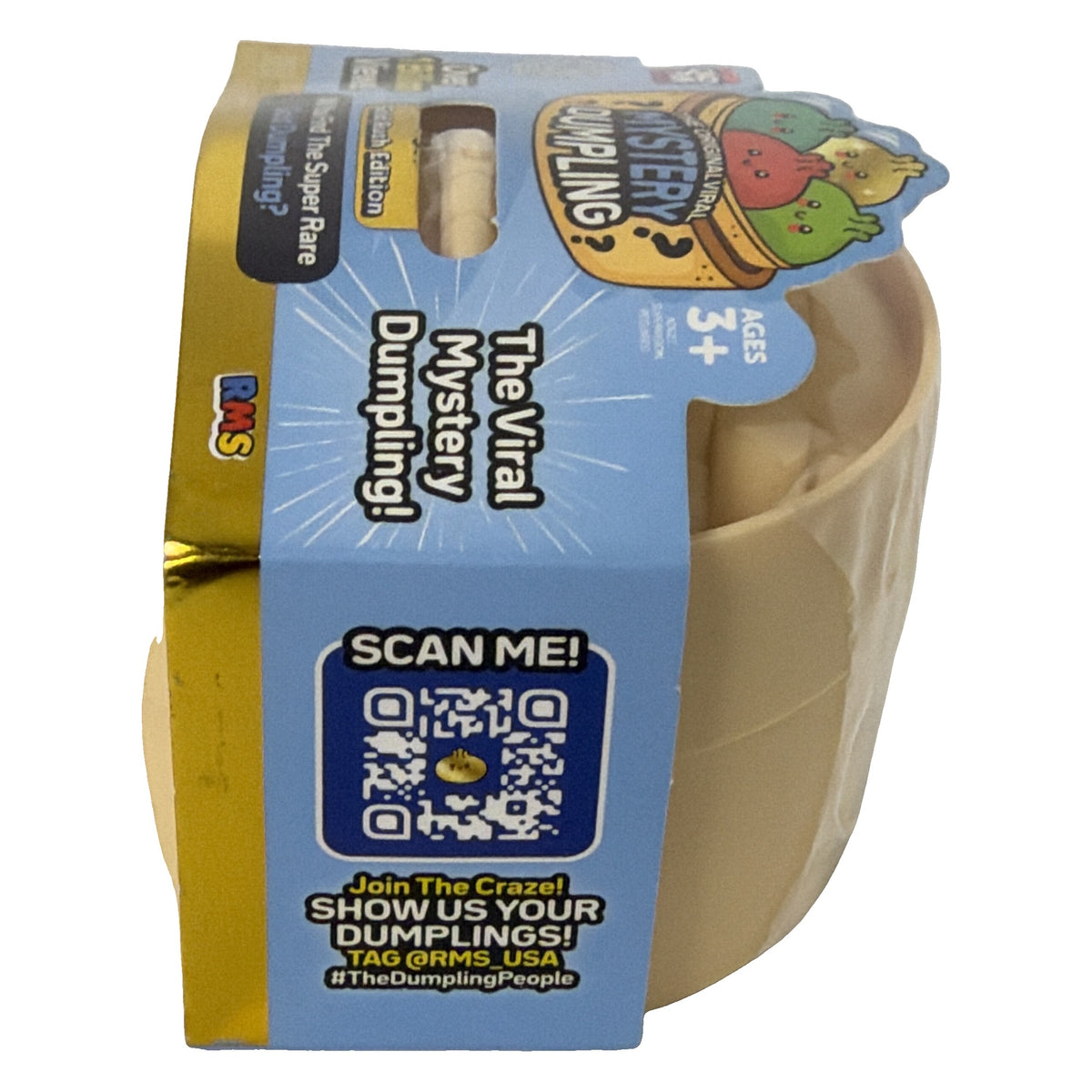 Side of Crazy Fun mystery dumpling package with Scan Me QR code
