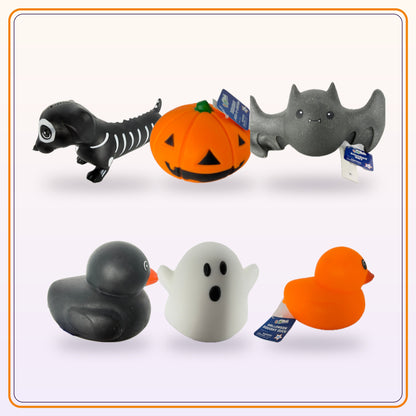 Halloween Squishy Bundle: 6 ToyMendous squishies (skeleton weenie dog, jack-o-lantern pumpkin, bat, black duck, ghost, orange duck)