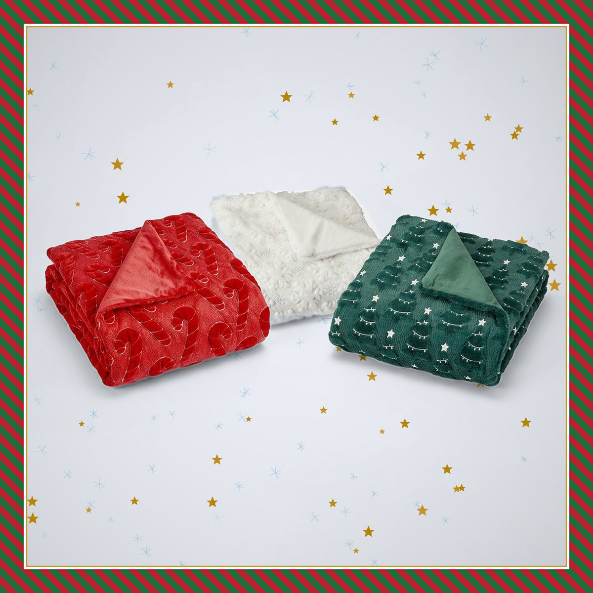 Holiday Embroidered Faux Fur Throw in Candy Cane, Snowflake and Tree styles