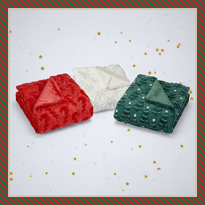Holiday Embroidered Faux Fur Throw in Candy Cane, Snowflake and Tree styles