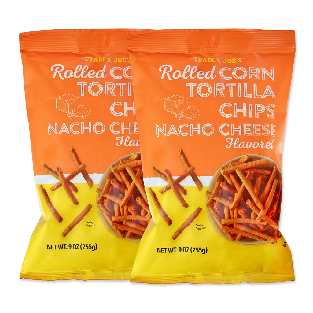 Trader Joe's Nacho Cheese Rolled Corn Tortilla Chips — two orange and yellow 9 oz bags — crunchy snack two-pack