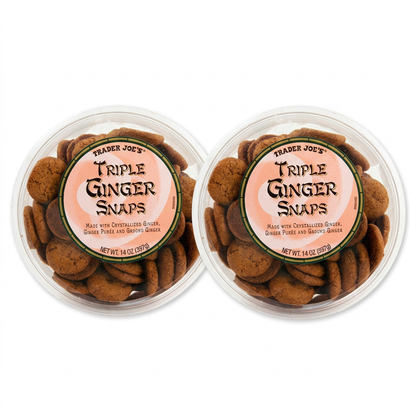 Trader Joe's Triple Ginger Snaps — two clear 14 oz tubs with peach and green labels — ginger cookie two-pack on white