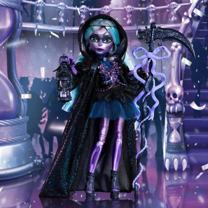 Horror-themed doll with dark outfit and accessories in a spooky setting