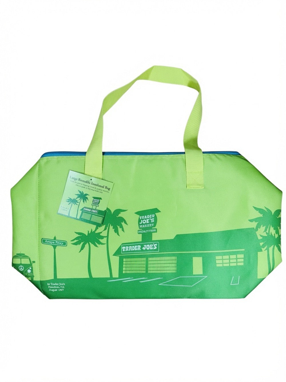 A bright green reusable tote bag featuring a printed graphic of a Trader Joe's store with palm trees and street signs, shown against a plain white background.