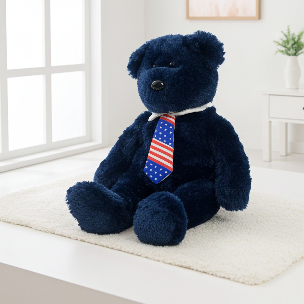 Navy blue teddy bear with an American flag tie on a light-colored rug.