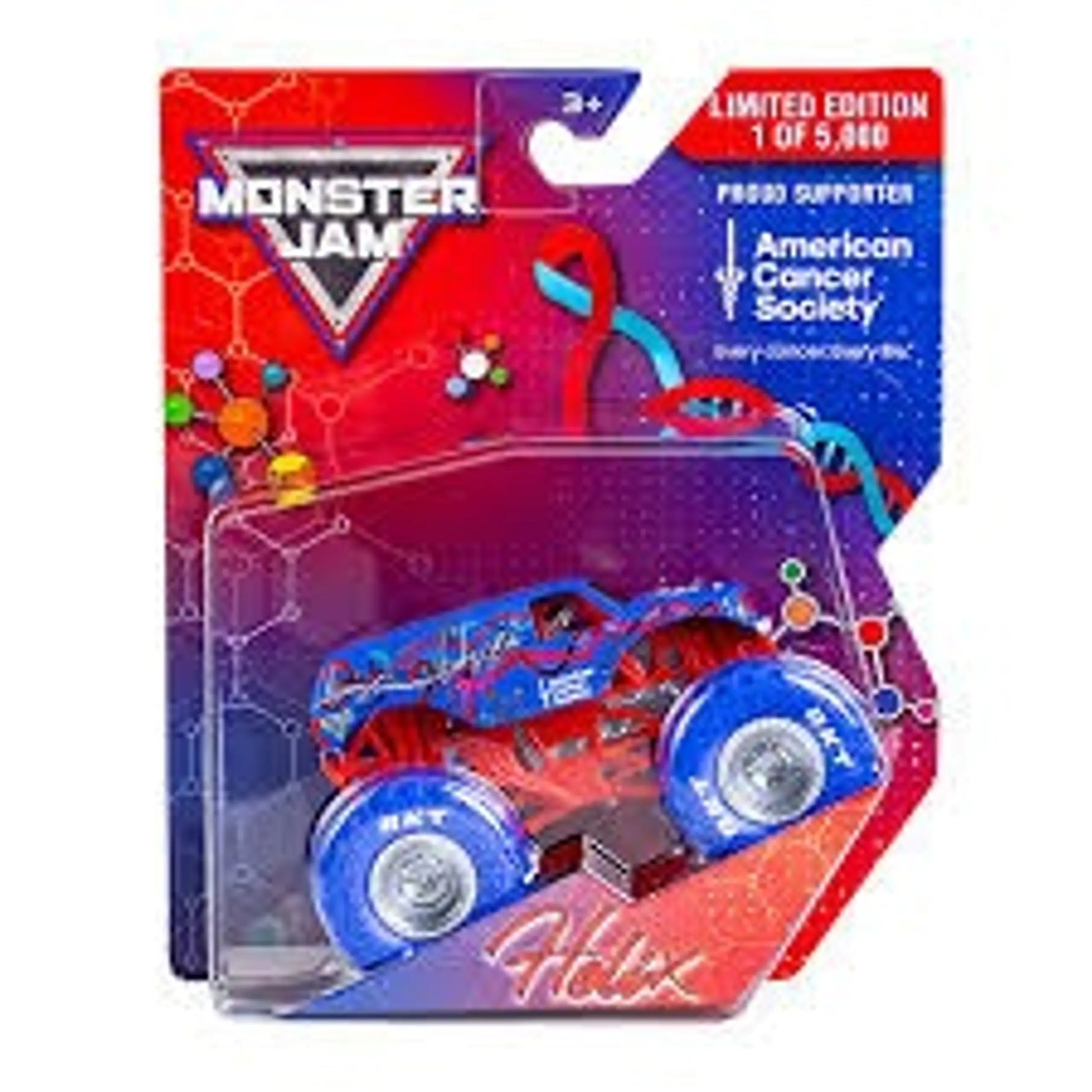 Monster Jam toy truck in packaging with American Cancer Society branding