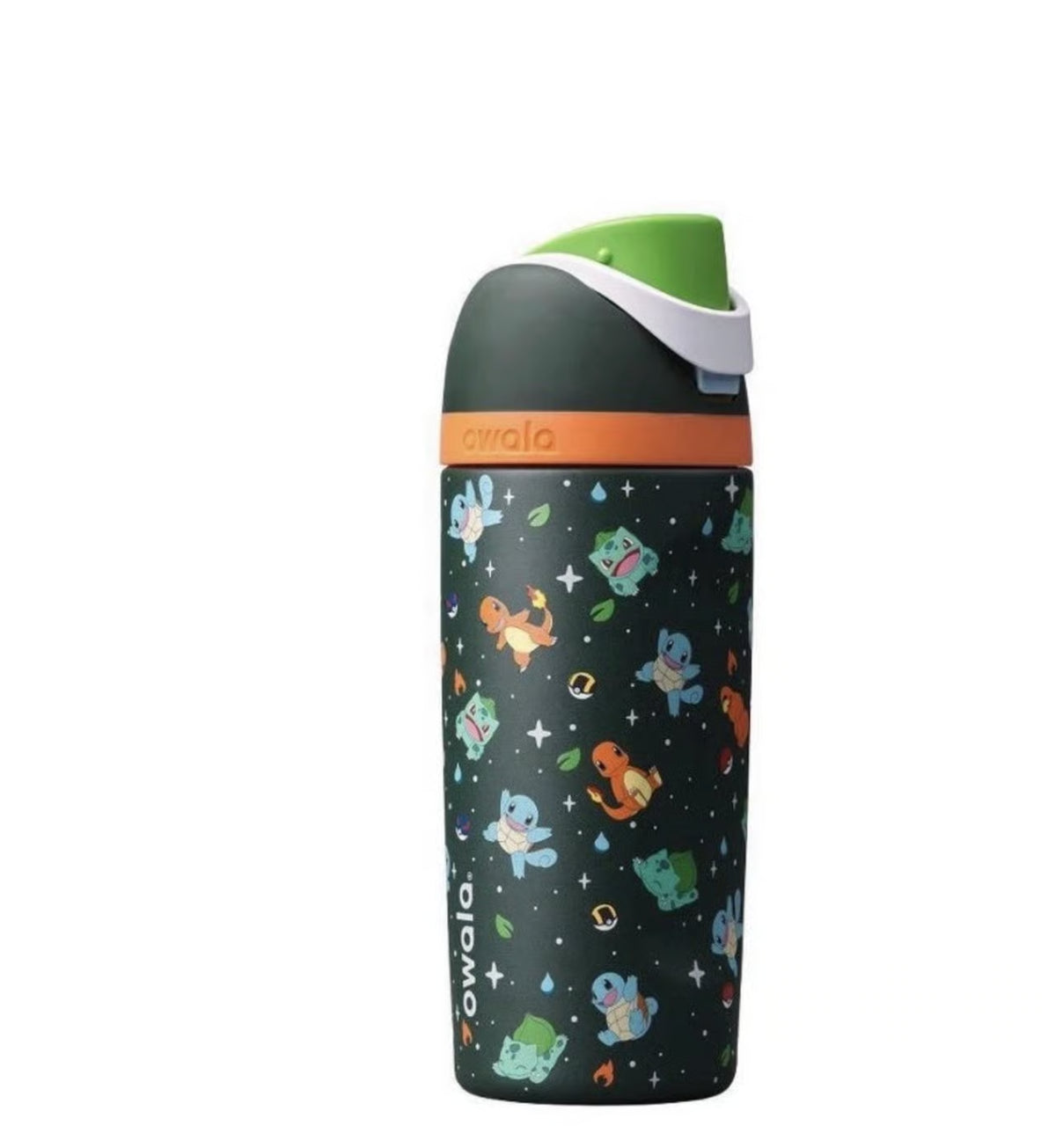 A Owala insulated water bottle with a dark green space-themed pattern featuring cartoon characters and stars, topped with a green and white lid and an orange band.