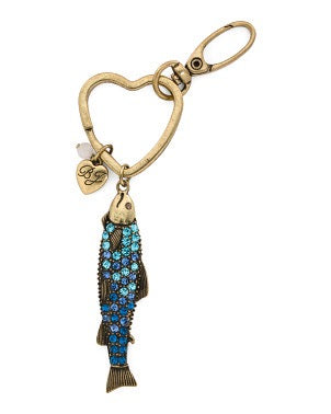 BETSEY JOHNSON Crystal Sardine Key FOB Bag Charm Aqua Blue Gold Tone