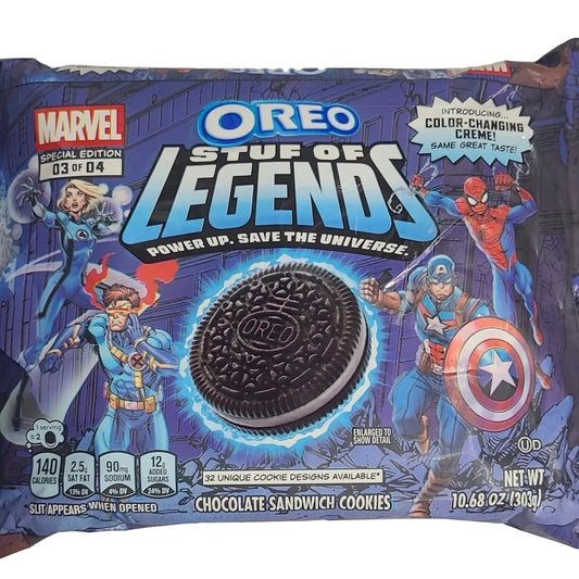 Marvel Oreo Stuf of Legends Special Edition cookie bag featuring comic book characters and a large Oreo cookie illustration on the front.