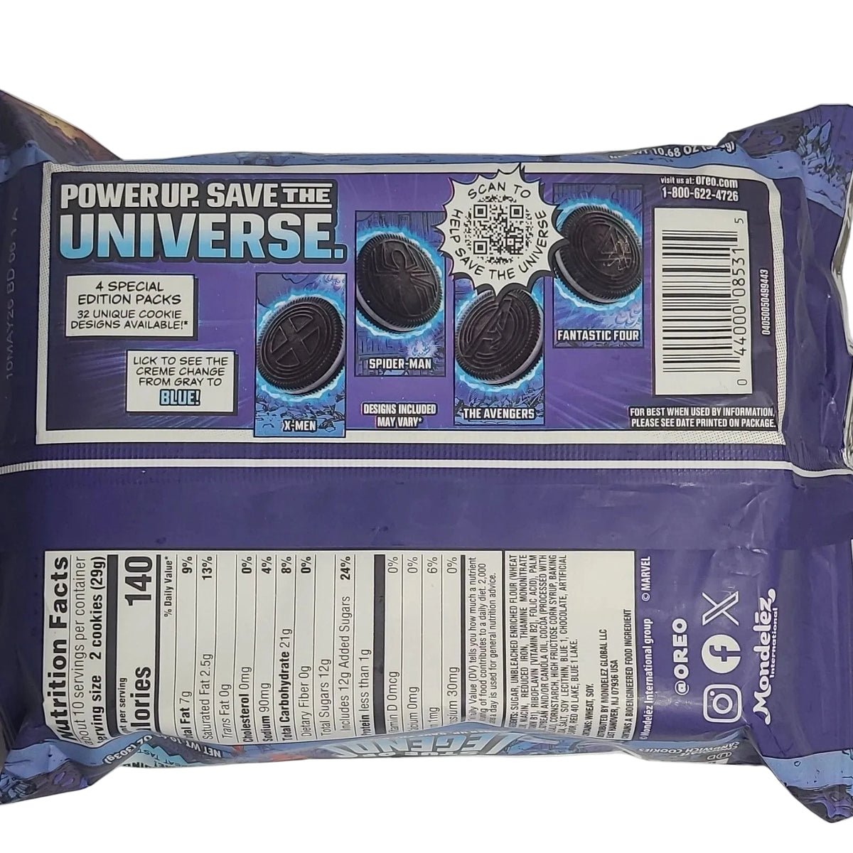 Back of an Oreo Powerup Save the Universe ice cream cookie pack, showing flavor graphics, nutrition facts, and a barcode on a white background.