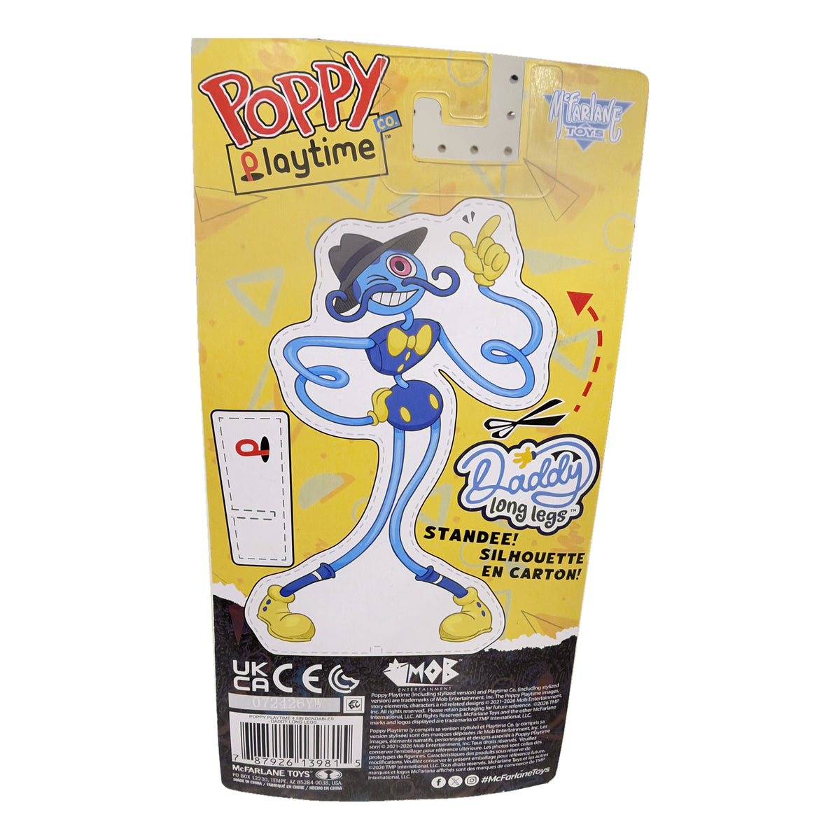 Back of Poppy Playtime Daddy Long Legs bendy figure card with cut-out paper standee
